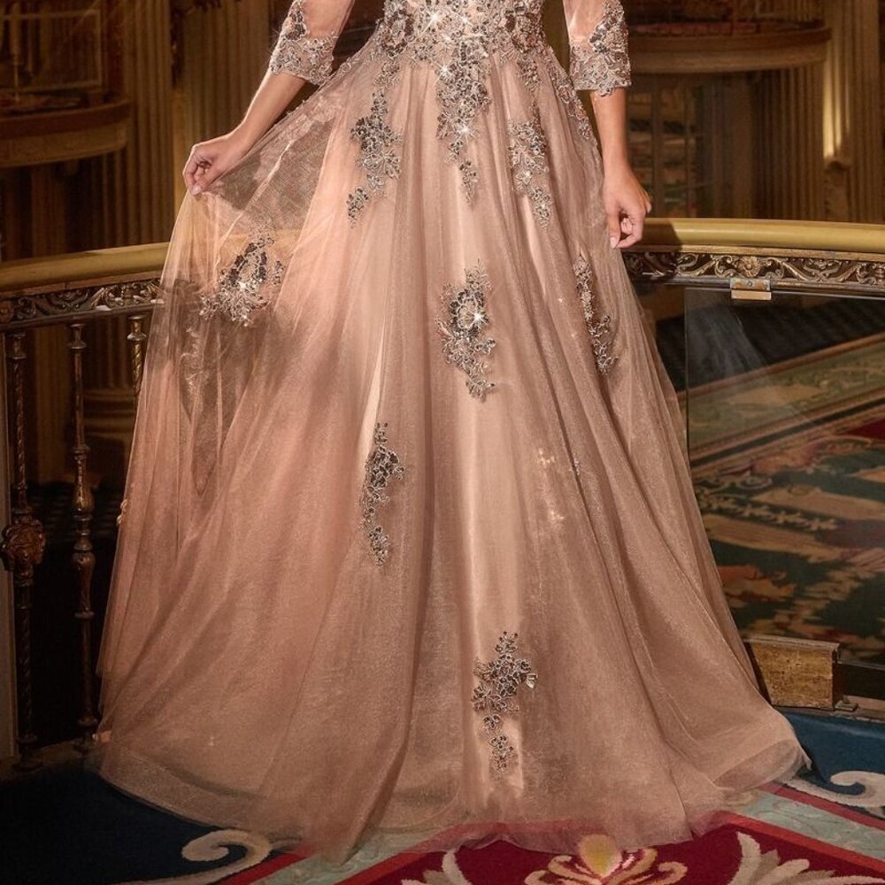 New Formal Tulle Lace Embroidered Maxi Gown w/ 3/4 Sleeves & V-Back CD J883 - Picture 10 of 10